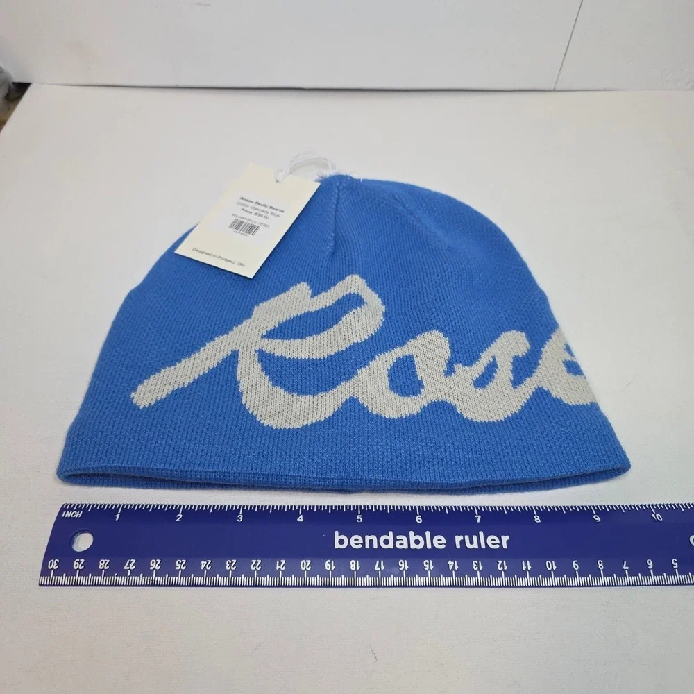 NWT‎ Portland Gear Roses Skully Beanie Cascade Blue White Logo FleeceLined 2